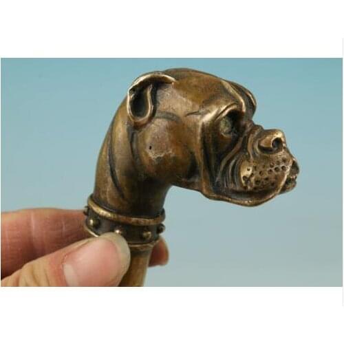 Bronze Pure Copper Old Qing Ming Brass chinese Bronze Hand Carved Dog Statue Cane Walking Stick Head