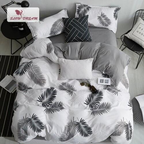 SlowDream Nordic Style Bedding Set Leaf Pattern Duvet Cover Set Flat Sheet Pillowcase Bedclothes Bed Linen Set Euro For Adult