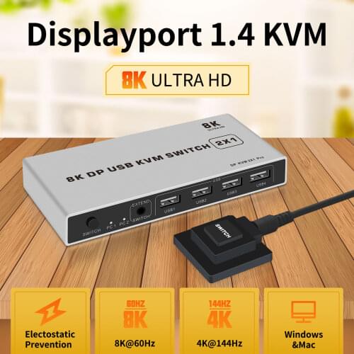 8K Displayport KVM Switch 4K@144hz 2-port USB KVM 8K Displayport 1.4 Switch KVM Dp switch mouse&keyboad supported