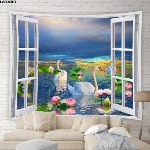 Landscape Tapestry Swan Lake Lotus Window View Wall Hanging Flamingo Tropical Plants Flowers Beach Towel Yoga Mat Home Decor