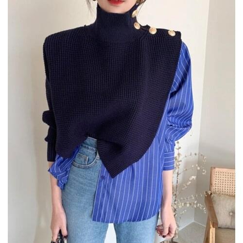 New Korean Women Chic High Collar Pullovers Female Fake Two-piece Shirt Stitching Striped Bubble Sleeve Sweater