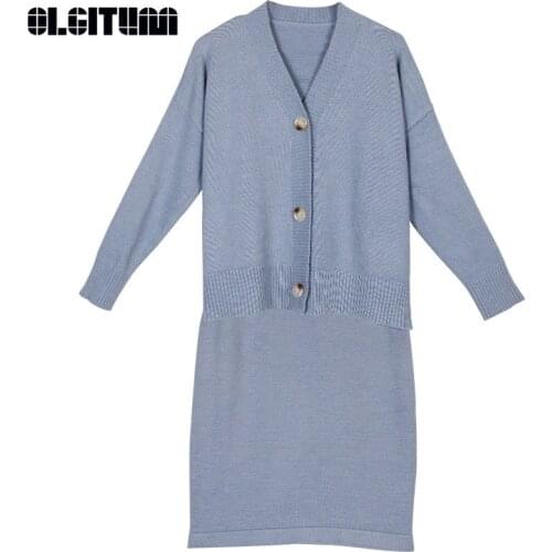 New Autumn Women Casual Two-Pieces Suits Sweater + Skirt Sets Solid Color Female Loose Sweater Knit Mid Dress Vestidos WS055