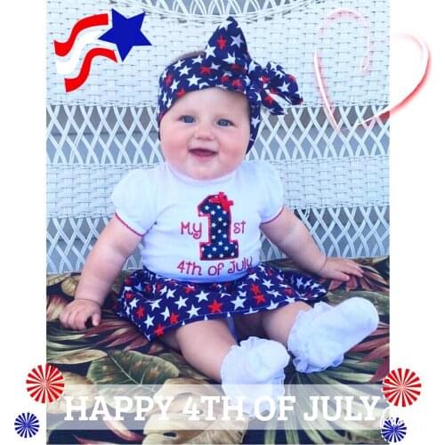 OPPERIAYA Baby Girls My First 4th of July Summer Outfits Short Sleeve Letter Print Bodysuit Star Skirt Headband Casual Set