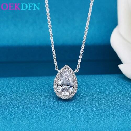 OEKDFN Pure 925 Sterling Silver Necklace Women Waterdrop Sparkling Zircon Gemstone Wedding Engagement Pendent Fine Jewelry