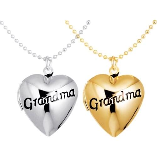 Heart Shape Grandma Letter Photo Frame Pendant Necklace Charm Floating Locket Can Open Women Memorial Jewelry Gift