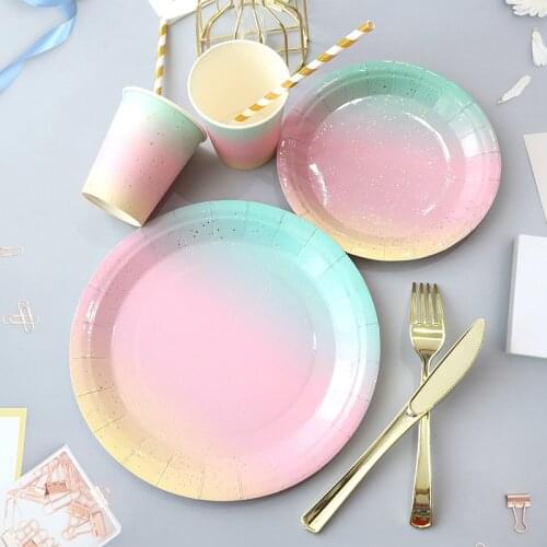 Birthday Tableware Rainbow Paper Plate Cake Plate Disposable Tableware Color Round Plate Paper Cup Tableware Party Decoration