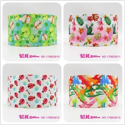 Q&N ribbon 3inch 75mm apple flower printed grosgrain ribbon webbing 50yards/roll for headband hair bows free shipping