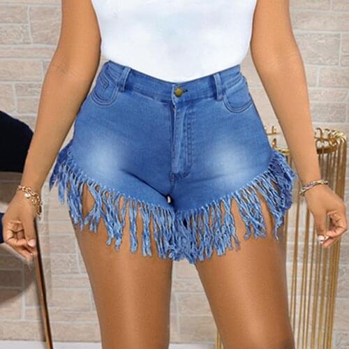 Blue Tassel High Waist Casual Denim Shorts Women 2021 Summer New Streetwear Solid Color Cotton Straight Jeans Shorts Female