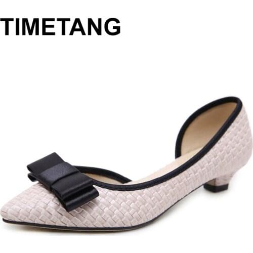 TIMETANGAutumn Women Retro Med Heels Shoes Woman Fashion Bow-knot Pointed Toe Side Hollow Party Wedding Pumps Plus size35-42E511