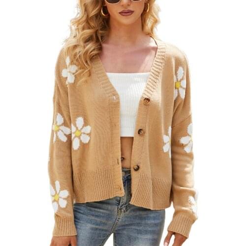 2021 New Casual V-neck Knitted Sweater Coat Women Cardigan Floral Pattern Knitwear Autumn Winter Single Breasted Long Sleeve Top