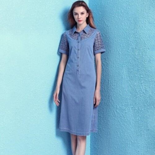 New Style Flower Embroidered Hollow Out Denim Dresses Women Summer Plus Size 4XL Loose Fit Ladies Knee Length Party Dress