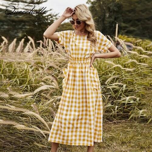Sexy Backless Yellow Plaid Dress 2021 New Summer Dress Women Casual Pockets Elastic High Waist Short Sleeve Medium Long Dresses