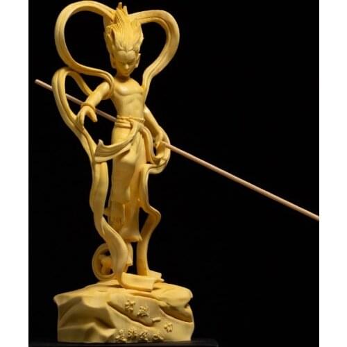 15CM Chinese Third Lotus Prince Nezha Mythology Figure Moive Characters Boxwood Carving Solid Wood Ornaments Cartoon Statue