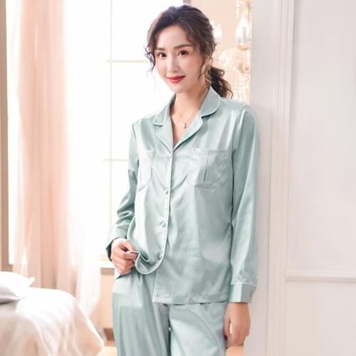 2020 Spring Silk Pyjamas Women Pajamas Sets Tops+Pants Solid Color Long Sleeve Silk Sleepwear Pijama Mujer Female Night Suit 3XL