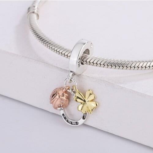 925 Sterling Silver CZ Zircon Rose Gold Ladybug And Golden Four-Leaf Clover Pendant Charm Bracelet Jewelry For Original Pandora