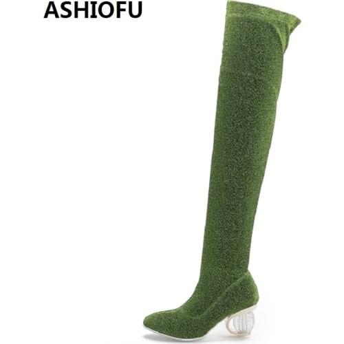 ASHIOFU New Handmade Women Thigh High Boots Sexy Slim Party Prom Over Knee Boots Crystal Heel Evening Club Fashion Winter Boots