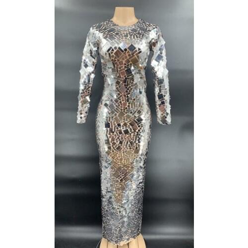 Shining Silver Mirror Mesh Long Dress Birthday Celebrate Transparent Prom Sequins Dress Women Dancer Show Dress