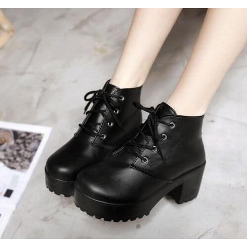 Women shorha Fashion Shoes Vintage Boots Thick Short Boots Womens Leather Ankle Boots Female Winter Warm Lace-up Shoes Botas