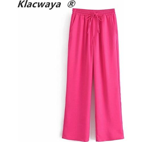 Klacwaya Women Fashion Side Pockets Loose Wide Leg Pants Vintage High Elastic Waist Drawstring Female Trousers Mujer