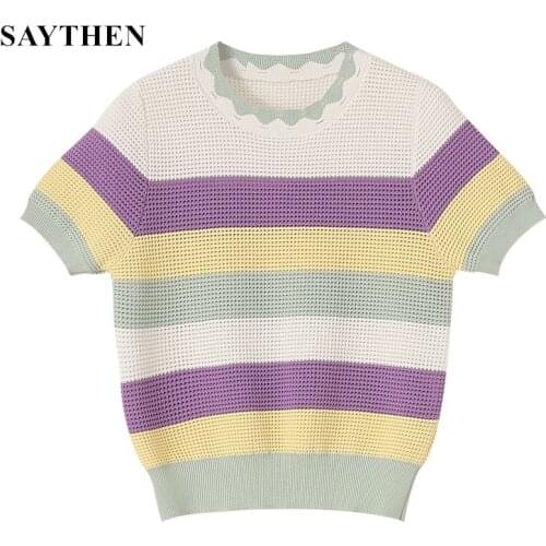 Color Striped Hollow Round Neck Sweet Short-Sleeved Sweater Tops 2021 Summer New Western Style Knit T-Shirt Top Women