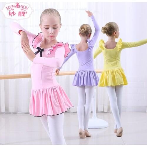Kid Girls Long Sleeve Ballet Dance Dress Children Girl Ballet Dresses for Kids Cotton Fitness Leotard Costume Skirts B-4686