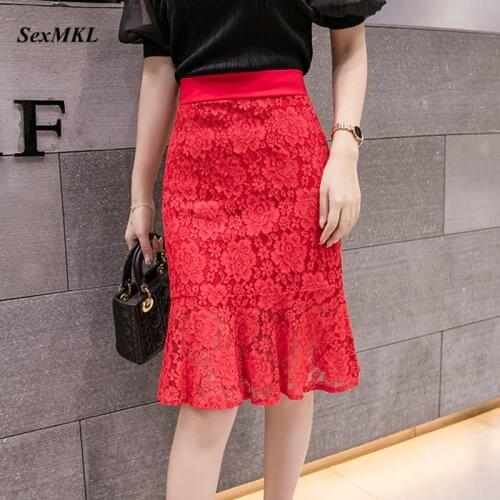 Elegant Summer Lace Skirts Womens 2021 Fashion Elastic High Waist Ruffles Black Pencil Skirt Slim Korean Sexy Office Midi Skirt