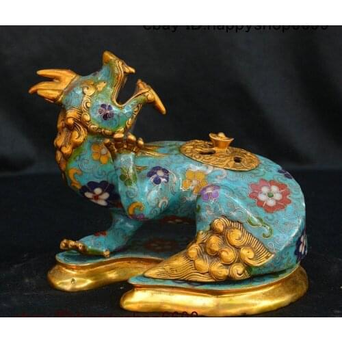 Chinese Dynasty Bronze Cloisonne Enamel Kylin Beast Incense Burner Censer Statue