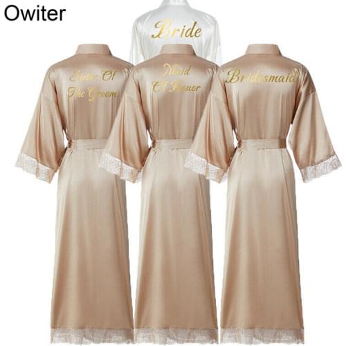 Owiter Satin Silk Lace Robe Bride Bridesmaid Robes Wedding Bridal Long Robe Bathrobe Women Dressing Sleepwear Rose Gold