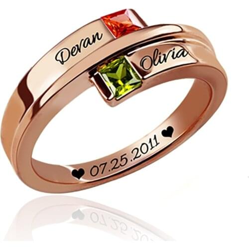 Uonney Dropshipping Personalized Engraved Double Square Birthstone Rings Silver Rose Gold Valentine Birthday Gift Jewelry