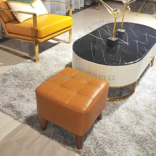 First layer leather sofa stool household shoe changing stool living room solid wood small leather pier stool footrest makeup low