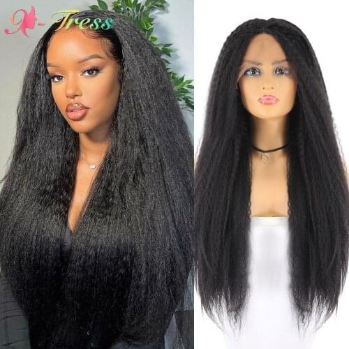 Kinky Straight Synthetic Lace Front Wigs for Black Women X-TRESS Blacked Fluffy Long Curly Middle Part Lace Wig with Baby Hair