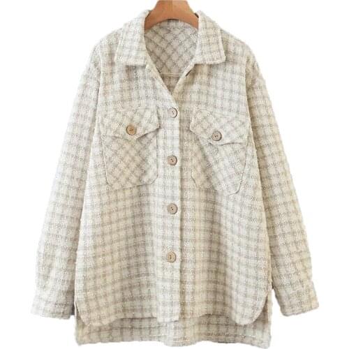 Merodi Winter Women Vogue Plaid Khaki Thick New Outwear Female Autumn Casual Long Sleeve Pockets Woolen Jackets Oversize Chic