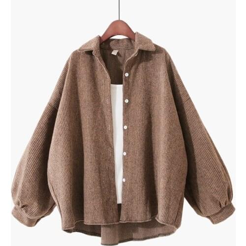 2021 autumn new simple, loose, thin, large size, all-match solid color shirt, long-sleeved thick woolen plaid jacket, women