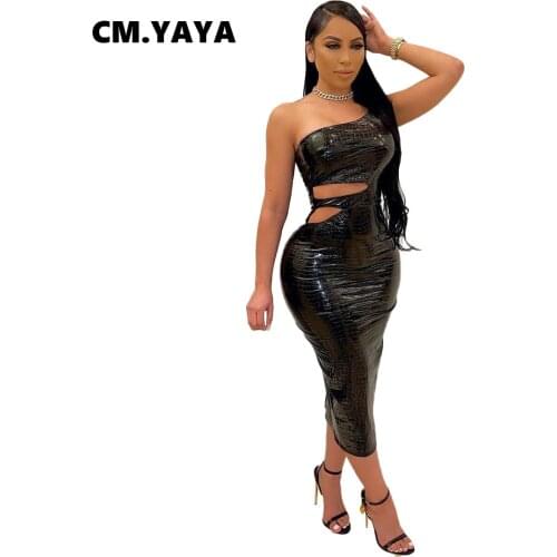 CM.YAYA PU Faux Leather Dress Solid One Shoulder Diagonal Collar Hollow Out Midi Dresses Sexy Night Club Party Elastic Dress