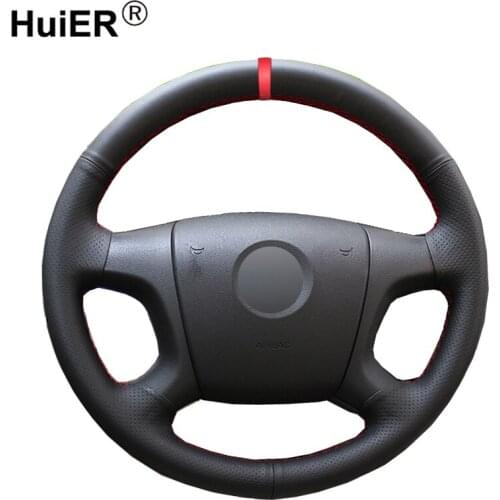 HuiER Hand Sew Car Steering Wheel Cover Comfortable Car Styling Red Marker For Old Skoda Octavia Skoda Fabia Steering Wheel