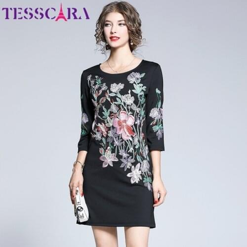 TESSCARA Women Autumn Elegant Floral Embroidery Dress Female Designer Office Party Robe High Quality Vintage Cocktail Vestidos