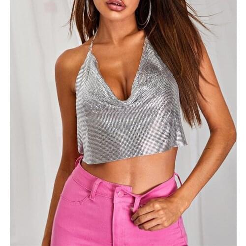 Backless Party Crop Top Women Sexy Women Summer Solid Color Sleeveless Deep V Neck Halter Tank Top Crop Vest Night Club