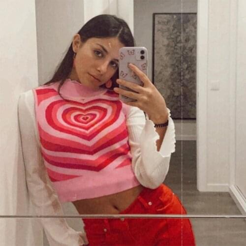 Y2K Pink Heart Sweater Vest Knitted Crop Top Womens 2021 Summer Casual Pullover Fashion Streetwear 90s Clothes Vintage