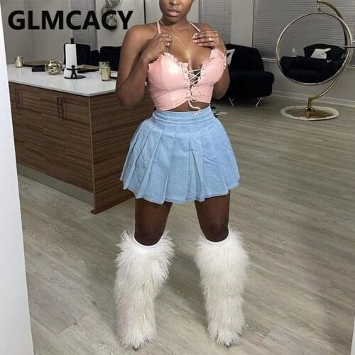 Women Plus Size High Waist Pleated Mini Denim Skirts