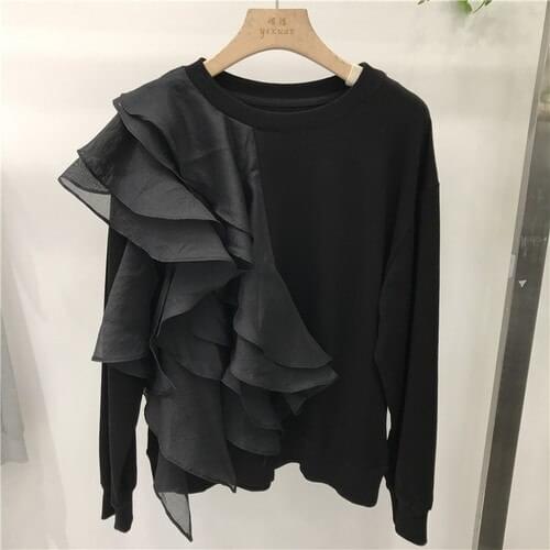 Ruffled Hoodie Women Korean Fashion All-Matching Long Sleeve Round Neck Pullover Temperament Waist-Controlled Top Sweatshirt