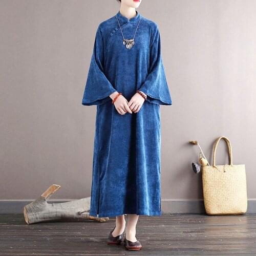 Johnature Women Corduroy Vintage Dresses Flare Sleeve Stand Cheongsam 2021 Autumn New Solid Color Button Dresses For Women
