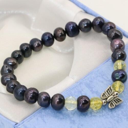 Hot Sale Elegant Black Natural Pearl 7-8mm Round Beads Strand Bracelets for Women Weddings Party Gifts Jewelry 7.5inch B2802