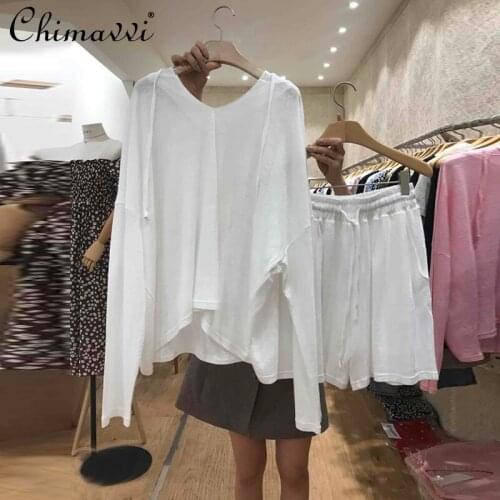 Summer 2021 Loose Casual Fashion Hooded Long Sleeve Sweatshirts Womens Thin Slimming Wide Leg Shorts Lady Two Pieces Short Suit