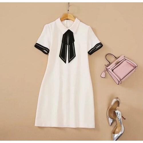 Bow Tie Elegant Dress 2021 Summer Style Women Turn-down Collar Hollow Out Embroidery Short Sleeve Black Apriot Dress Lolita Girl