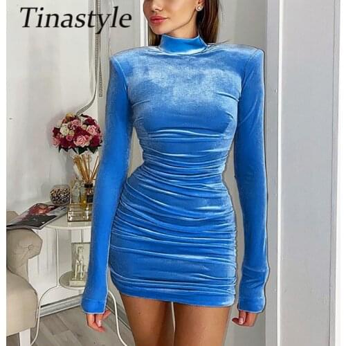 Tinastyle Blue Velvet Winter Dress Women Turtleneck Long Sleeve Sexy Bodycon Party Dresses Solid Basic Elegant Christmas Dress
