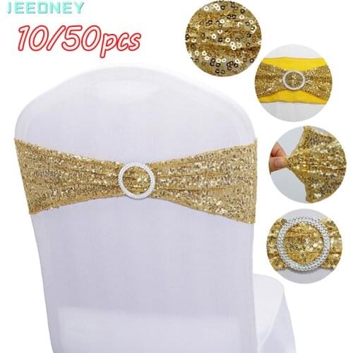 Bow Knot Chair Covers Straps Belt Sashes Banquet Venue Decor Satin Sequin Bling for Wedding Party Mariage Decoration 10/50 PCS