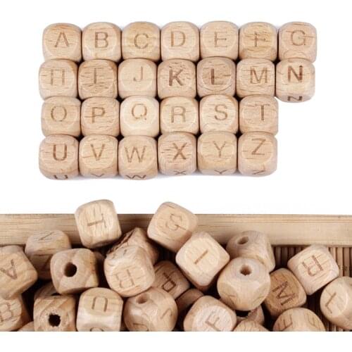 100Pcs/Lot 10mm 12mm Square Beads Alphabet Letter Beech Wooden A-Z Letters Wood Spacer Beads For Baby Teether Pacifier Clip DIY