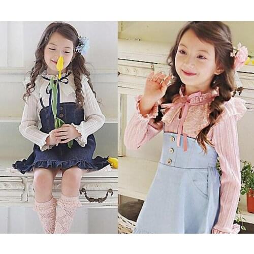 5 Sets/lot Style Girls Lace Round Neck Long Sleeve Bottoming Shirt+Strap skirt New Autumn Kids Casual Tees Childrens Clothing