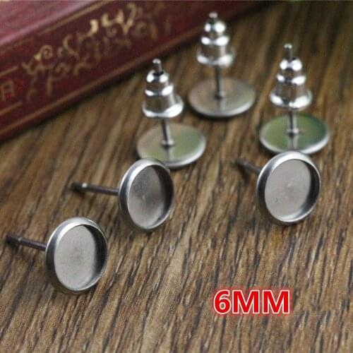 6mm 20pcs/Lot (Never Fade) 316 Stainless Steel Earring Base Studs Ear Cameo Settings Cabochon Base Tray Blank (With Back)-L2-46