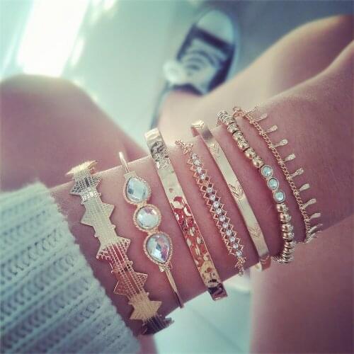 7 Pcs/Set Bohemian Bracelets Retro Crystal Arrow Geometry Open Gems Bracelet Set Ladies Classic Jewelry Accessories Party Bangle